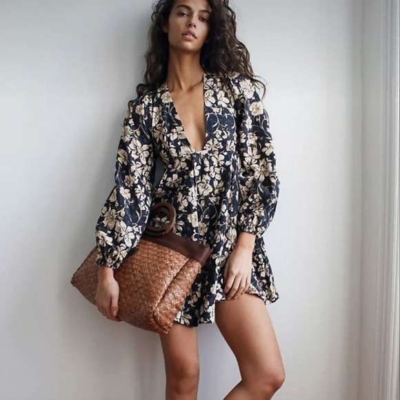 Free People Melia Linen Blend Black Floral Print Swing Mini Dress Size XS - Picture 3 of 6